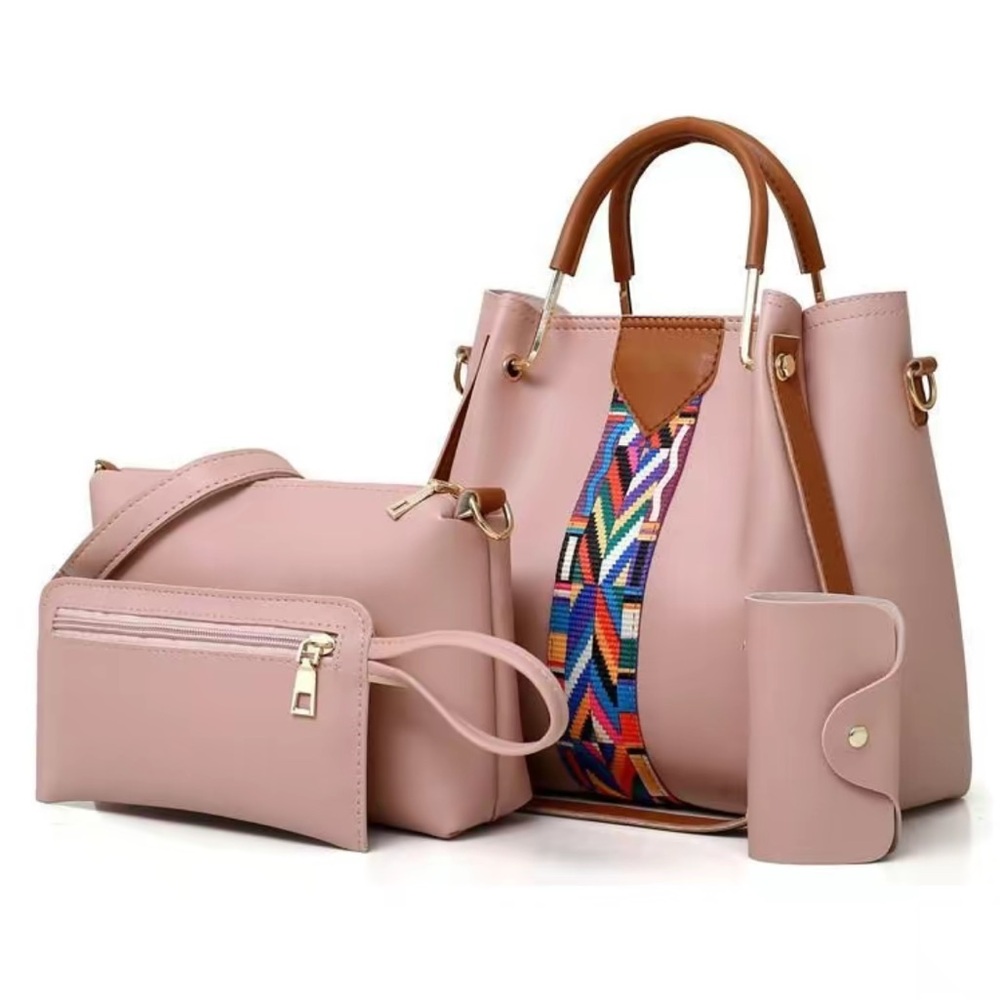 Elegant Pink Shoulder Bag Set with Brown Trim and Colorful Accent